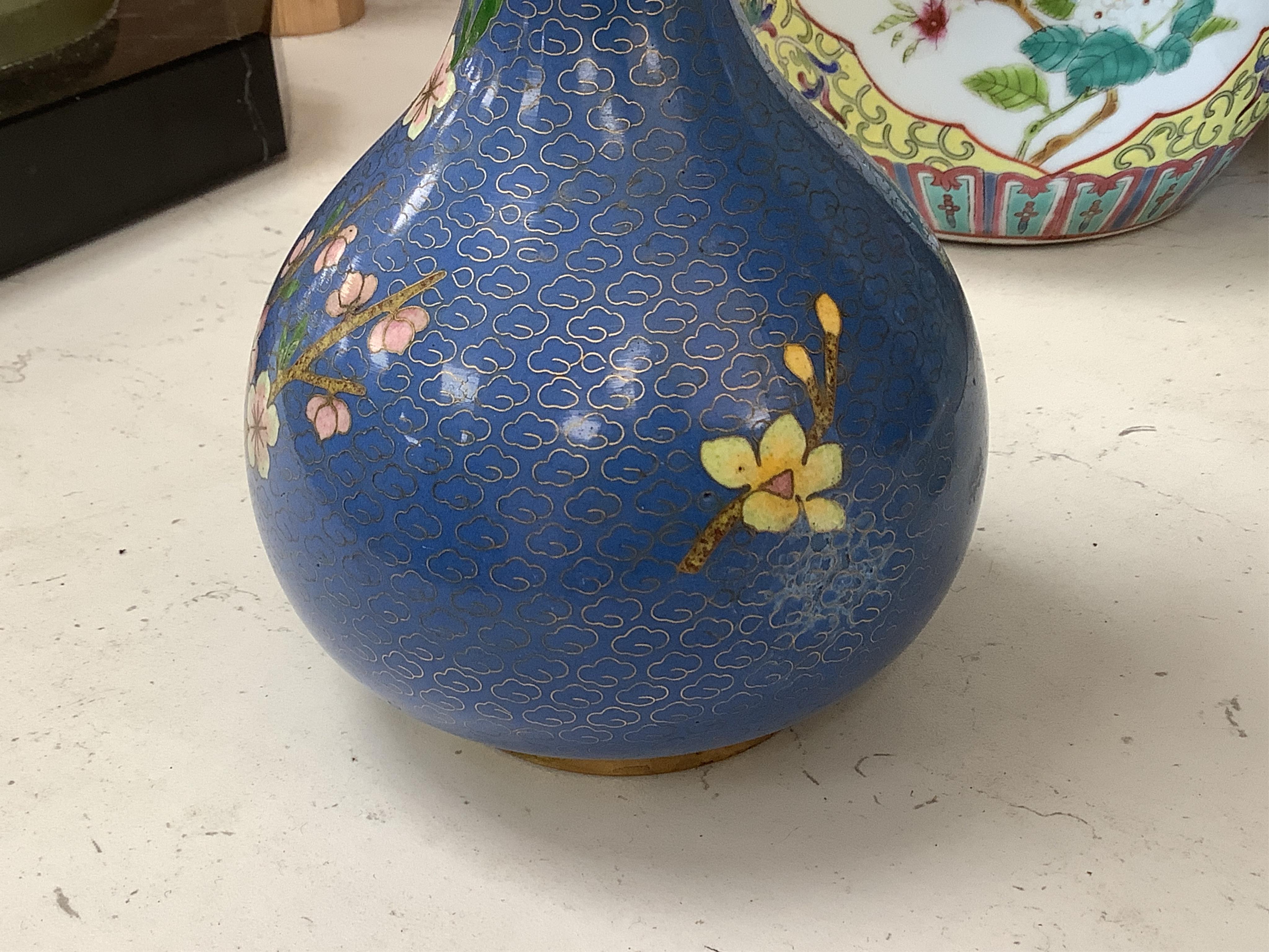 A mid 19th century Chinese famille rose vase together with other oriental and African wares, largest 33cm high. Condition - varies